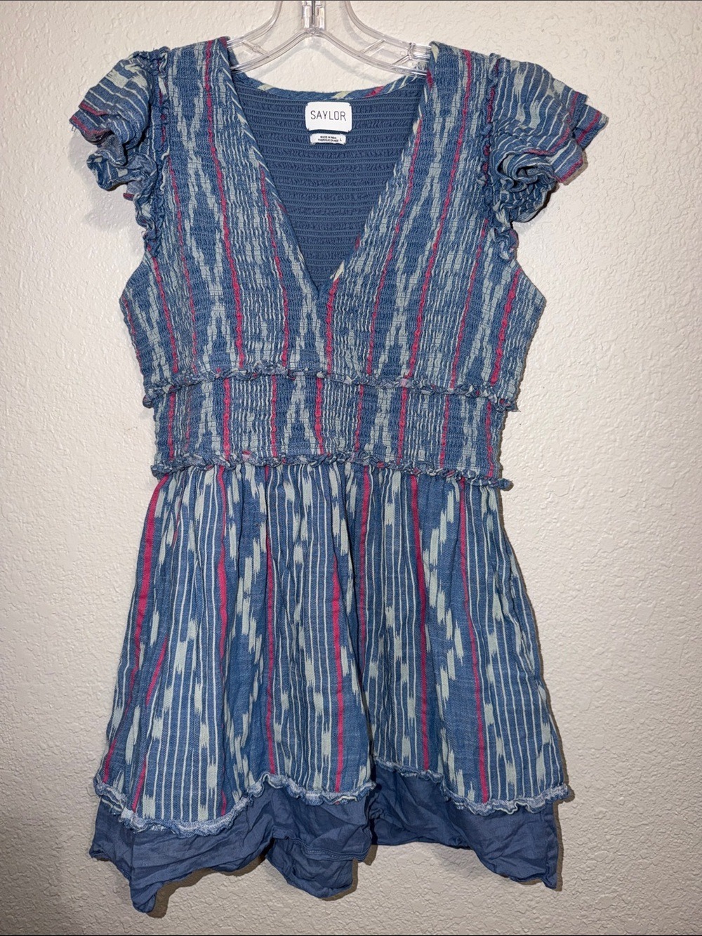 SAYLOR Denim Chambray Mini Dress Pockets V Neck